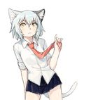  animal_ears cat_ears cat_tail character_request copyright_request flat_chest miniskirt necktie short_hair skirt sleeves_rolled_up slit_pupils solo tail white_hair yellow_eyes yoplait 