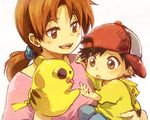  1girl backwards_hat bad_id bad_pixiv_id baseball_cap black_eyes black_hair brown_eyes brown_hair child gen_1_pokemon hanako_(pokemon) hand_puppet hat long_hair mother_and_son motherly nuriko-kun pikachu pokemon pokemon_(anime) pokemon_(creature) ponytail puppet satoshi_(pokemon) short_hair younger 