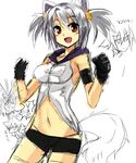  :d animal_ears arm_strap blush breasts fang fox_ears gloves grey_hair haik kokonoe_tsubaki medium_breasts navel open_mouth original partially_colored red_eyes short_hair short_shorts short_twintails shorts simple_background sketch smile solo tail twintails white_background 