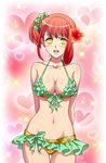  :d arms_behind_back ass_visible_through_thighs bikini blush breasts cleavage cowboy_shot flower frilled_bikini frilled_swimsuit frills groin hair_flower hair_ornament hair_scrunchie heart heart_background hibiscus large_breasts looking_at_viewer nanami_haruka navel one_side_up open_mouth orange_hair pink_background plaid plaid_bikini plaid_scrunchie plaid_swimsuit scrunchie sideboob smile solo sparkle swimsuit thigh_gap uta_no_prince-sama wide_hips yellow_eyes yukkyun 