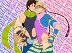  black_hair black_leotard blonde_hair blue_eyes caesar_anthonio_zeppeli facial_mark feathers fingerless_gloves gamako gloves green_eyes hair_feathers headband highleg highleg_leotard jacket jojo_no_kimyou_na_bouken joseph_joestar_(young) leotard multiple_boys navel o3o off_shoulder one_eye_closed purple_leotard scarf side_cutout 