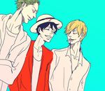  black_hair blonde_hair blue_background color_background crossed_arms green_hair hair_over_one_eye hat hood hoodie lowres male male_focus monkey_d_luffy multiple_boys one_piece red_shirt roronoa_zoro sanji shirt smile smoking spot_color straw_hat trio vest 