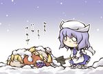  aki_minoriko aki_shizuha blush burying chibi food fruit grapes hat letty_whiterock multiple_girls nekoguruma o_o purple_hair short_hair shovel snow touhou translated 