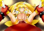  1boy 1girl akaooni bike_shorts blonde_hair blood brooch cure_peace dress hetero highres horns inflation jewelry kise_yayoi long_hair magical_girl monster oni precure rape red_oni red_skin scared size_difference skirt smile_precure! spread_legs stomach_bulge straight tears virgin wantacchi yellow_dress yellow_eyes 