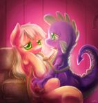  applejack_(mlp) blonde_hair blush cutie_mark dragon duo equine female feral friendship_is_magic green_eyes hair horse long_hair male mammal mouth_hold my_little_pony pony rope scalie spike_(mlp) surgicalarts 