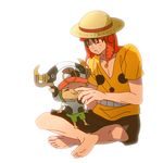  hat highres horns male male_focus monkey_d_luffy one_piece one_piece_film_z reindeer shirt shorts sitting smiley spotted straw_hat t-shirt tony_tony_chopper 