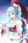  blue_hair bug butterfly insect japanese_clothes juna kimono linus_falco long_hair night oriental_umbrella ponytail red_eyes sky smile sword_girls umbrella 