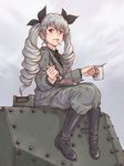  anchovy anzio_military_uniform belt black_footwear black_shirt blush boots brown_eyes canteen carro_armato carro_armato_p40 cup dress_shirt drill_hair eating food fork girls_und_panzer grey_jacket grey_pants ground_vehicle hair_ribbon highres jacket knee_boots long_hair long_sleeves looking_at_viewer md5_mismatch military military_uniform military_vehicle motor_vehicle necktie on_vehicle pants pasta ribbon shirt shoulder_belt silver_hair sitting solo tank twin_drills twintails uniform yoshikawa_kazunori 