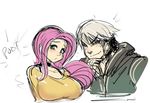  1girl blue_eyes blush breasts chin_hold choker discord_(my_little_pony) eyebrows fang fluttershy hood hoodie large_breasts long_hair maniacpaint my_little_pony my_little_pony_friendship_is_magic personification pink_hair short_hair silver_hair thick_eyebrows upper_body yellow_eyes 