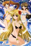  absurdres ball barefoot beachball bikini blonde_hair blue_eyes book bracelet breasts brown_hair cleavage day drink fate_testarossa feathers feet flower hair_flower hair_ornament hairclip hibiscus higa_yukari highres huge_filesize jewelry kneeling large_breasts legs long_hair lyrical_nanoha mahou_senki_lyrical_nanoha_force mahou_shoujo_lyrical_nanoha mahou_shoujo_lyrical_nanoha_strikers medium_breasts multiple_girls navel non-web_source nyantype o-ring o-ring_bikini o-ring_bottom o-ring_top official_art open_mouth palm_tree polka_dot polka_dot_bikini polka_dot_swimsuit ponytail raising_heart red_eyes scan seiza short_hair side-tie_bikini side_ponytail sitting sky smile swimsuit takamachi_nanoha tome_of_the_night_sky tree very_long_hair x_hair_ornament yagami_hayate 