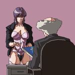  1girl aramaki_daisuke bald breasts commentary ghost_in_the_shell jacket kusanagi_motoko large_breasts leotard lowres oekaki open_clothes open_jacket purple_hair purple_leotard rakugaki short_hair thighhighs 