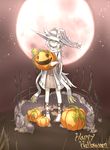  animal_ears barefoot full_moon halloween happy_halloween hat highres jack-o'-lantern kazana_(sakuto) moon original pumpkin red_moon saku_(kazana) scarf solo tail white_hair wolf_ears wolf_tail yellow_eyes 