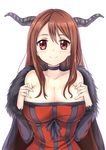  bad_id bad_pixiv_id bare_shoulders blush breasts choker cleavage harimoji horns huge_breasts long_hair looking_at_viewer maou_(maoyuu) maoyuu_maou_yuusha red_eyes red_hair simple_background smile solo white_background 