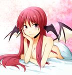  arm_support bad_id bad_pixiv_id breasts cleavage collarbone head_wings koakuma large_breasts light_smile long_hair looking_at_viewer nude red_eyes red_hair solo touhou under_covers wings yatsuhashi_kyouto 