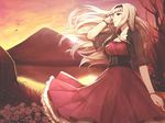  adjusting_hair blush breasts cleavage dress hairband hitoto idolmaster idolmaster_(classic) large_breasts long_hair mountain red_eyes shijou_takane silver_hair smile solo wind 