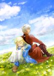  1girl ahoge archer artoria_pendragon_(all) blonde_hair closed_eyes dark_skin dress fate/stay_night fate_(series) field hair_down long_hair mizu_hp saber sitting white_hair 