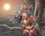  branch breasts chiaki_rakutarou cleavage feathers full_moon gloves hairband head_wings highres idolmaster idolmaster_(classic) large_breasts long_hair moon night night_sky red_eyes shijou_takane silver_hair sitting sky smile solo thighs toned tree wings 