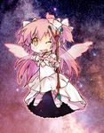  ;d aiming angel_wings arrow bad_id bad_pixiv_id bow bow_(weapon) chibi dress gloves hair_bow kaname_madoka long_hair magical_girl mahou_shoujo_madoka_magica one_eye_closed open_mouth pink_hair smile solo spoilers thighhighs two_side_up ultimate_madoka weapon white_dress wings yellow_eyes yoplait 