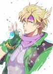  bad_id bad_pixiv_id blonde_hair blue_eyes bubble bubble_blowing caesar_anthonio_zeppeli facial_mark feathers fingerless_gloves gloves green_jacket hair_feathers head_wings headband jacket jojo_no_kimyou_na_bouken male_focus rwk solo 