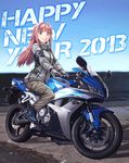  2013 cargo_pants english gloves ground_vehicle hair_ornament hairclip happy_new_year highres honda itou_(onsoku_tassha) jacket long_hair looking_at_viewer motor_vehicle motorcycle new_year original pants pink_eyes pink_hair smile solo zipper 