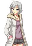  anastasia_(idolmaster) bad_id bad_pixiv_id blue_eyes coat hands_in_pockets hechimaru idolmaster idolmaster_cinderella_girls jewelry necklace open_clothes open_coat parka short_hair shorts silver_hair solo 
