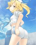  ass blonde_hair chair cloud day folding_chair hat highres kitashirakawa_chiyuri looking_at_viewer looking_back midriff neckerchief nichiki sailor sailor_hat short_hair shorts sky solo touhou touhou_(pc-98) twintails yellow_eyes 