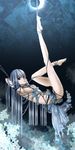  1girl aochibire barefoot between_toes breasts chains feet long_hair looking_at_viewer nipples original red_eyes silver_hair solo suspension toes torn_clothes 