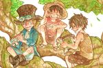  belt boots brother brothers child east_blue freckles goggles goggles_on_hat hat in_tree jacket male male_focus map missing_tooth monkey_d_luffy multiple_boys one_piece portgas_d_ace sabo_(one_piece) sandals shorts shueisha siblings sitting smile straw_hat top_hat tree young younger 