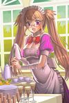  :d apron baking bandages blonde_hair bow bowtie breasts cleavage glasses indoors large_breasts maid_headdress open_mouth pinstripe_pattern puffy_short_sleeves puffy_sleeves purple_eyes red_bow red_neckwear short_sleeves smile solo striped sword_girls table twintails upper_body 