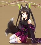  animal_ears blush breasts fox_ears fox_tail haik highres long_hair medium_breasts multiple_tails original simple_background skirt smile solo tail thighhighs 