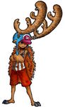  1boy animal_ears antlers barefoot black_background brown_hair crossed_arms hat male one_piece red_shorts reindeer shorts solo striped_shirt tony_tony_chopper x_(symbol) 