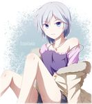  :d anastasia_(idolmaster) blue_eyes camisole character_name coat idolmaster idolmaster_cinderella_girls jewelry legs necklace open_mouth short_hair shorts silver_hair sitting smile solo strap_slip tri winter_clothes winter_coat 