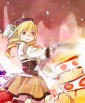  bad_id bad_pixiv_id beret black_legwear blonde_hair breasts cake corset drill_hair fingerless_gloves food gloves gun hair_ornament hat magical_girl magical_musket mahou_shoujo_madoka_magica medium_breasts motion_blur skirt solo thighhighs tomoe_mami twin_drills twintails weapon witch's_labyrinth yellow_eyes yoplait 