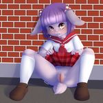  bottomless clothed clothing cub female flashing hair half-dressed lac lagomorph looking_at_viewer mammal outside plaid purple_hair pussy rabbit sayame schoolgirl skimpy skirt solo uniform young 