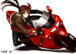  black_lagoon boots casual cigarette coat din_(raiden) ground_vehicle hat high_heels jacket knee_boots long_hair motor_vehicle motorcycle open_clothes open_jacket pantyhose pleated_skirt revy_(black_lagoon) riding shoes skirt smoking solo winter_clothes 