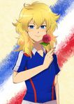  :&gt; blonde_hair blue_eyes flower inazuma_eleven inazuma_eleven_(series) julien_rousseau long_hair male_focus rose rose_griffon smile soccer_uniform solo sportswear 