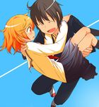  1girl black_hair blazer blush carrying couple hetero jacket kotoura-san kotoura_haruka manabe_yoshihisa open_mouth orange_eyes orange_hair princess_carry school_uniform serafuku shiotan smile 