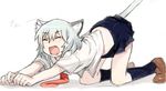  all_fours animal_ears cat_ears cat_tail character_request closed_eyes copyright_request fangs flat_chest full_body kemonomimi_mode miniskirt necktie short_hair skirt sleeves_rolled_up socks solo tail tears waking_up white_hair yoplait 