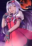  blush cowboy_shot dress fingerless_gloves full_moon gloves hairband idolmaster idolmaster_(classic) jewelry long_hair miri_(ago550421) moon my_dear_vampire nail_polish necklace pink_eyes purple_hair red_moon shijou_takane smile solo tongue tongue_out 