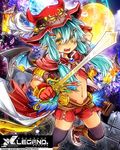  boots fujiwara_akina green_hair hat midriff moon pointy_ears shorts solo sword thighhighs weapon wings x_legend yellow_eyes 