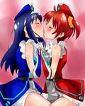  artist_request bare_shoulders blue_hair blush brown_hair closed_eyes couple dress french_kiss futaba_aoi_(vividred_operation) gloves hat highres holding_hands interlocked_fingers isshiki_akane kiss long_hair multiple_girls open_mouth palette_suit red_hair saliva scrunchie short_hair short_shorts short_twintails shorts twintails vividred_operation yuri 