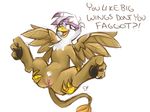  avian beak english_text feathers female feral friendship_is_magic gilda_(mlp) gryphon my_little_pony open_mouth presenting pussy solo spread_legs spreading stoney-pony talking_to_viewer text tongue wings 