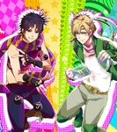  bad_id bad_pixiv_id black_hair blonde_hair blue_eyes bola_(weapon) bubble caesar_anthonio_zeppeli crop_top facial_mark feathers fingerless_gloves gloves green_eyes jojo_no_kimyou_na_bouken joseph_joestar_(young) meron midriff multiple_boys scarf 