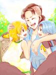 3girls bellemere blue_hair child conomi_islands daughter east_blue family female fruit_tree hug mohawk mother multiple_girls nami nami_(one_piece) nojiko one_piece orange_hair pink_hair ponytail shueisha siblings sister sisters smile tree young younger 
