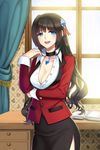  blue_eyes book breasts briska brown_hair choker cleavage curtains desk hair_ornament large_breasts long_hair looking_at_viewer mole open_book open_mouth skirt solo sword_girls window 