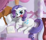  anus bed blue_eyes butt chained_birds chainedbirds cutie_mark equine eyeshadow female feral friendship_is_magic fur hair horn horse looking_at_viewer looking_back lying makeup mammal my_little_pony pillow pony purple_hair pussy rarity_(mlp) smile solo unicorn white_fur 