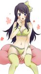  1girl artist_request black_hair blush bra breasts cleavage hair_ornament hair_ribbon kanoco-s legwear long_hair navel open_mouth panties purple_eyes ribbon sitting underwear yellow_bra yellow_legwear yellow_panties 