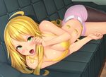  asymmetrical_clothes belt bikini_top blonde_hair blush breasts cleavage couch fishnet_pantyhose fishnets green_eyes hoshii_miki idolmaster idolmaster_(classic) jewelry kedama_keito large_breasts long_hair looking_at_viewer lying navel necklace on_side open_mouth pantyhose pink_diamond_765 shorts solo 