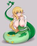  areolae blonde_hair blue_eyes blush breasts breasts_outside bridal_gauntlets cloaca elf finger_to_mouth fusion gen_5_pokemon haruhisky highres lamia large_breasts long_hair monster_girl nipples no_legs pointy_ears pokemon pokemon_(creature) pussy serperior solo tail tiffania_westwood uncensored zero_no_tsukaima 