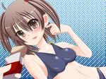  ahoge bad_id bad_pixiv_id bare_shoulders bikini blush breasts brown_eyes brown_hair food impossible_clothes impossible_swimsuit isono_tara large_breasts o-ring o-ring_bottom o-ring_top original short_hair swimsuit tongue twintails 
